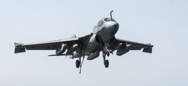 U.S. Navy handout shows EA-6B Prowler attached to the Garudas of Electronic Attack Squadron 134 landing aboard the aircraft carrier USS George H.W. Bush after conducting strike missions against Islamic State targets, in the Gulf
